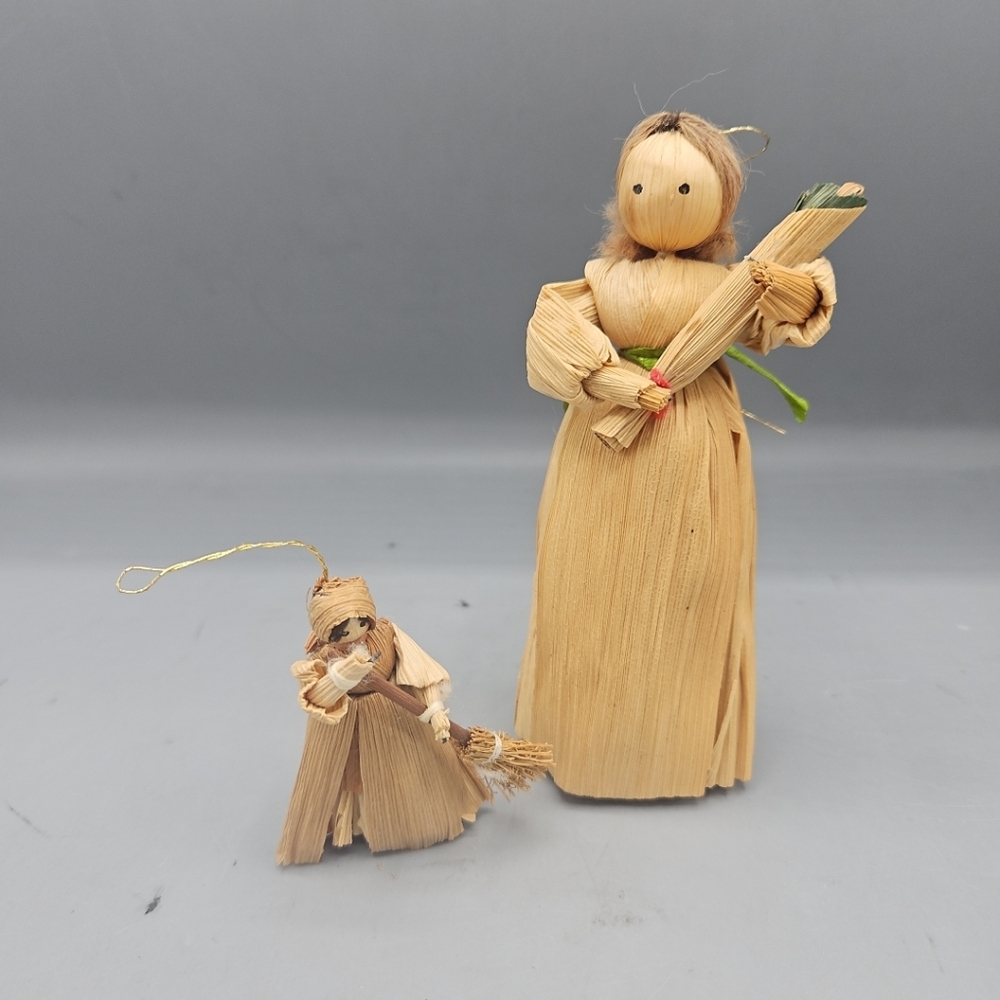Vintage Corn Husk Doll Hanging Ornament Decor Handmade Fall Broom Harvest